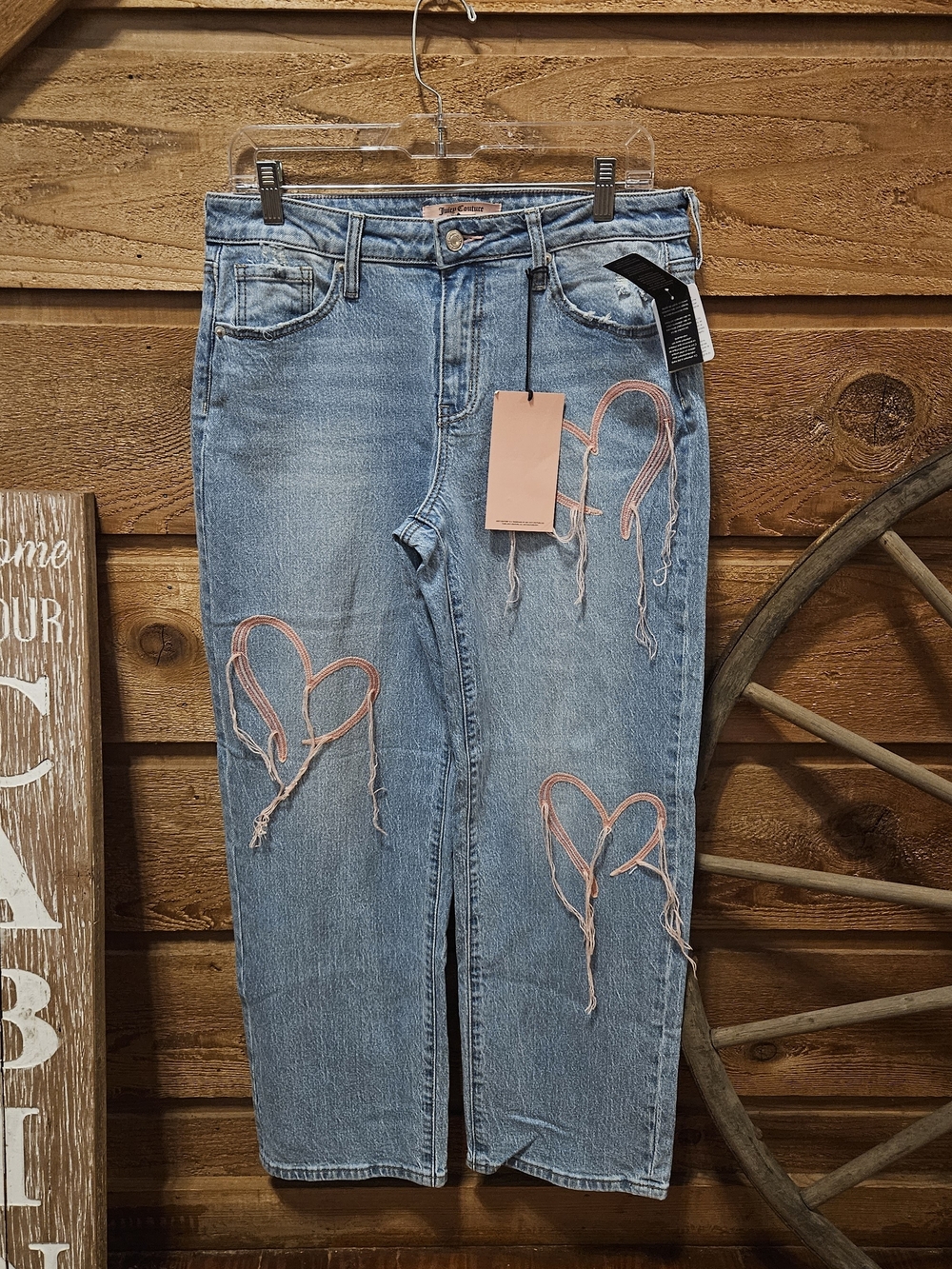 Juicy Couture Light Blue Straight Leg Jeans with Pink Heart Embroidery